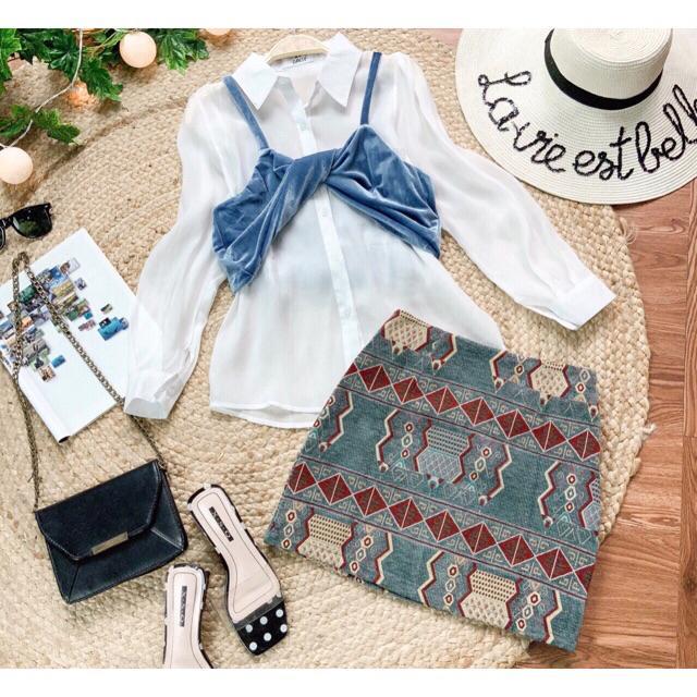 Set áo sơ mi trơn tay dài và áo yếm nhung 2 dây croptop