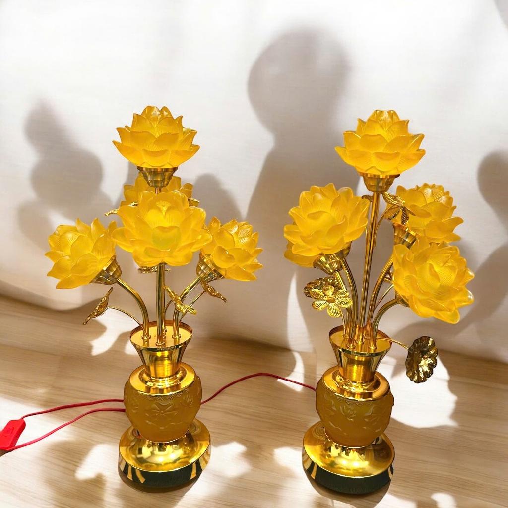 cặp đèn thờ 5 bông lưu ly sen nổi RỒNG VIỆT, Cặp đèn thờ thân hợp kim thiết kế cao cấp