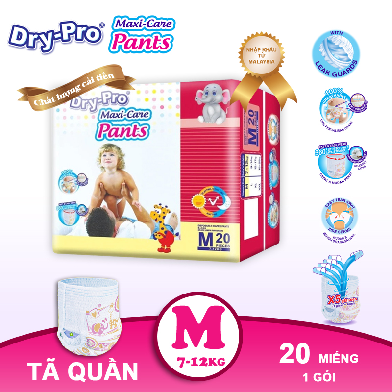 Tã/bỉm quần Dry-Pro siêu thấm hút nhập khẩu Malaysia size M (7kg - 12kg) - Gói 20 miếng