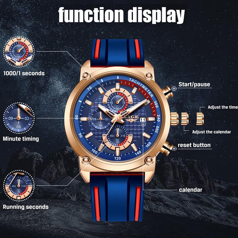 2023 LIGE MEN MENS WATCH TOP Top Brand Dial Dial Đồng hồ nam thời trang silicone không thấm nước thạch anh vàng đồng hồ đeo tay thể thao đồng hồ bấm giờ