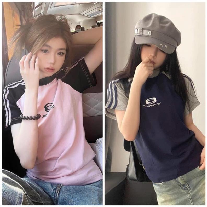 [Hàn Hot] Áo Thun Baby Tee Raplan In Logo Ngực Phối Sọc Tay Năng Động Áo Phông Dáng Vừa Hot Dễ Phối Đồ - Hồng