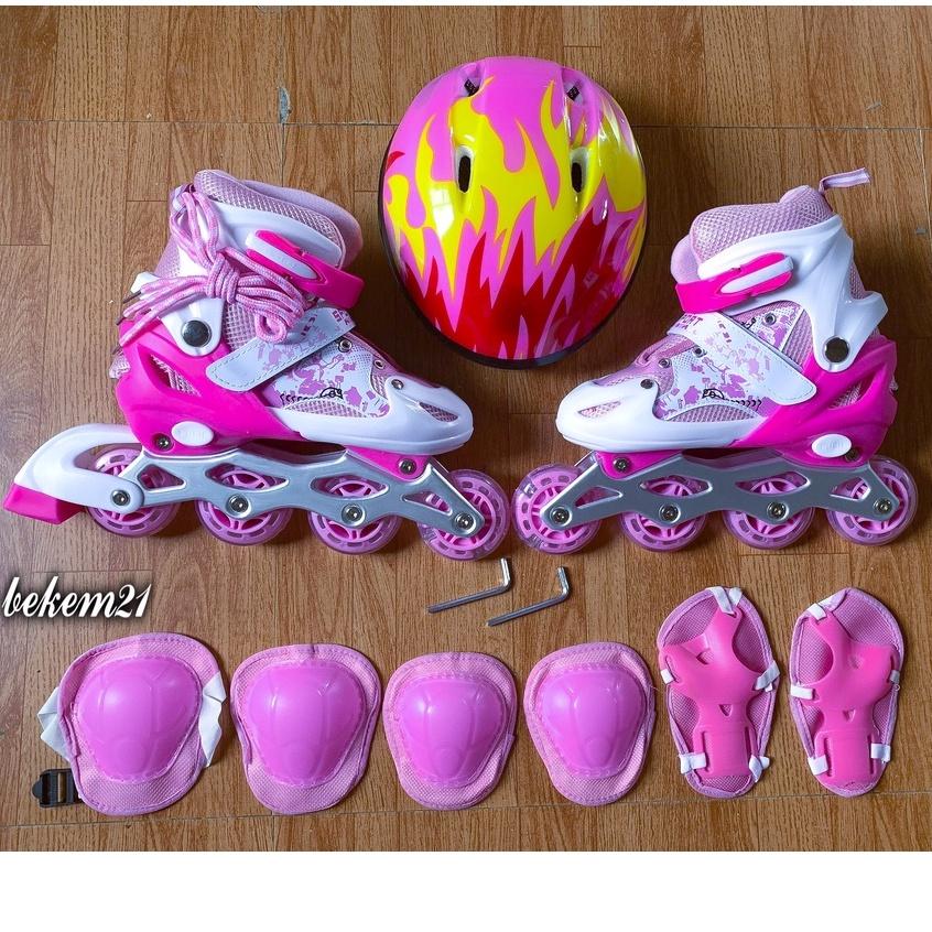 Trọn bộ Giày patin trượt cao cấp bánh phát sáng dành cho trẻ em người lớn có thể điều chỉnh size Tặng kèm bộ bảo hộ