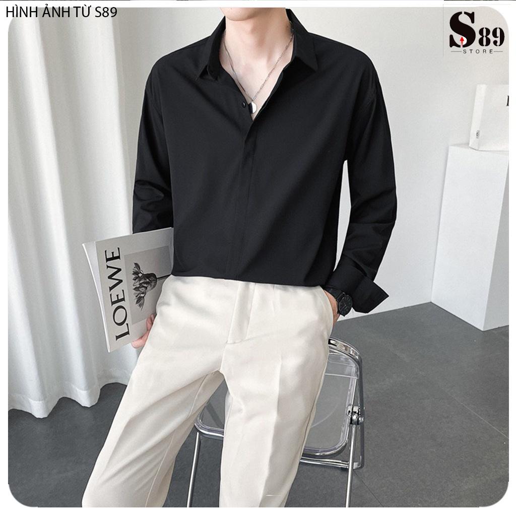 Áo Sơ Mi nam lụa trơn Cao Cấp không nhăn kiểu giấu cúc Đen Trắng Nâu Xám - form đẹp vừa ôm ,suông rộng công sở Hàn Quốc