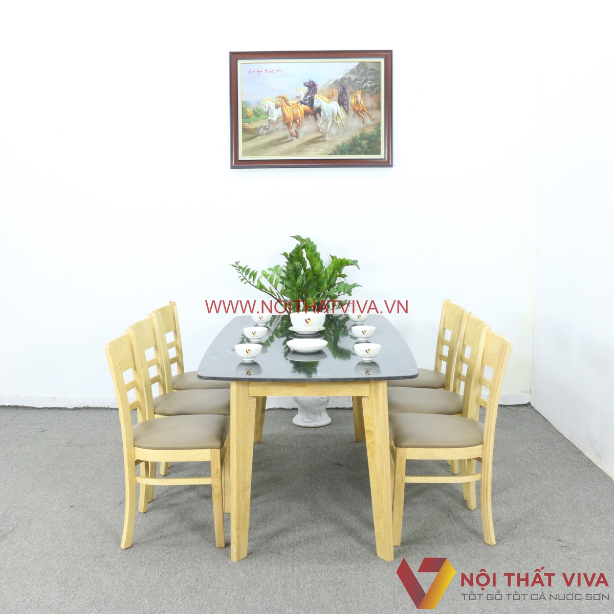Bộ Bàn Ăn Cabin Mặt Đá Hoa Cương 6 Ghế Gỗ Cao Su Màu Vàng Đẹp Giá Rẻ