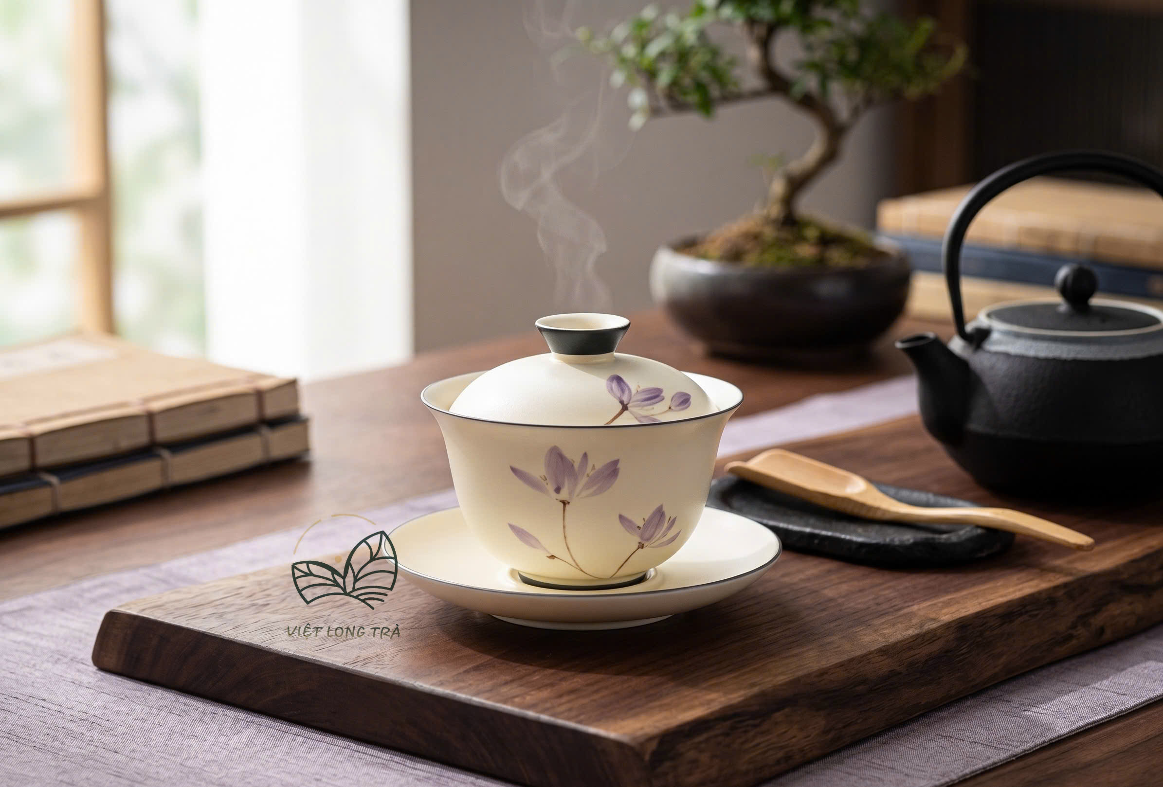 CHÉN KHẢI PHA TRÀ GỐM SỨ HOA PHONG LAN TÍM VẼ TAY - DUNG TÍCH 110M