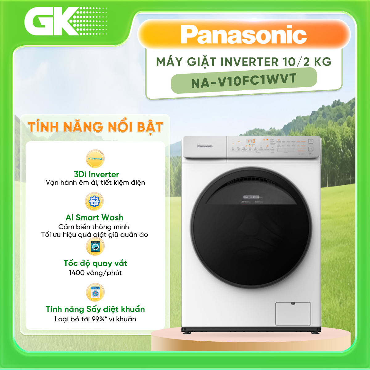 Máy Giặt Cửa Trước Panasonic 10 Kg NA-V10FC1WVT (Trắng) - Diệt khuẩn đến 99.99% - Tính năng sấy tiện ích - Hàng Chính Hãng - Giao Toàn Quốc