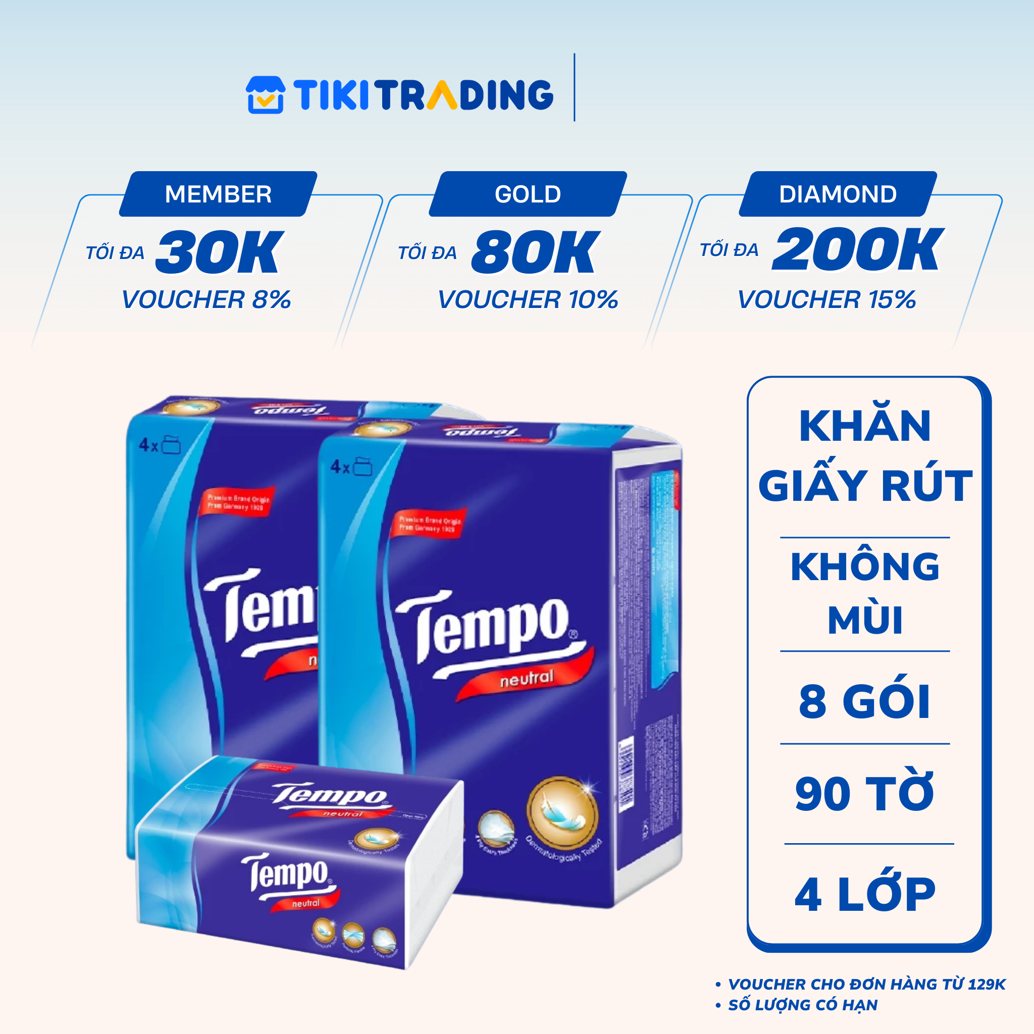 Combo 2 Lốc Khăn Giấy Gói Rút Tempo Không Mùi (Lốc 4 Gói)