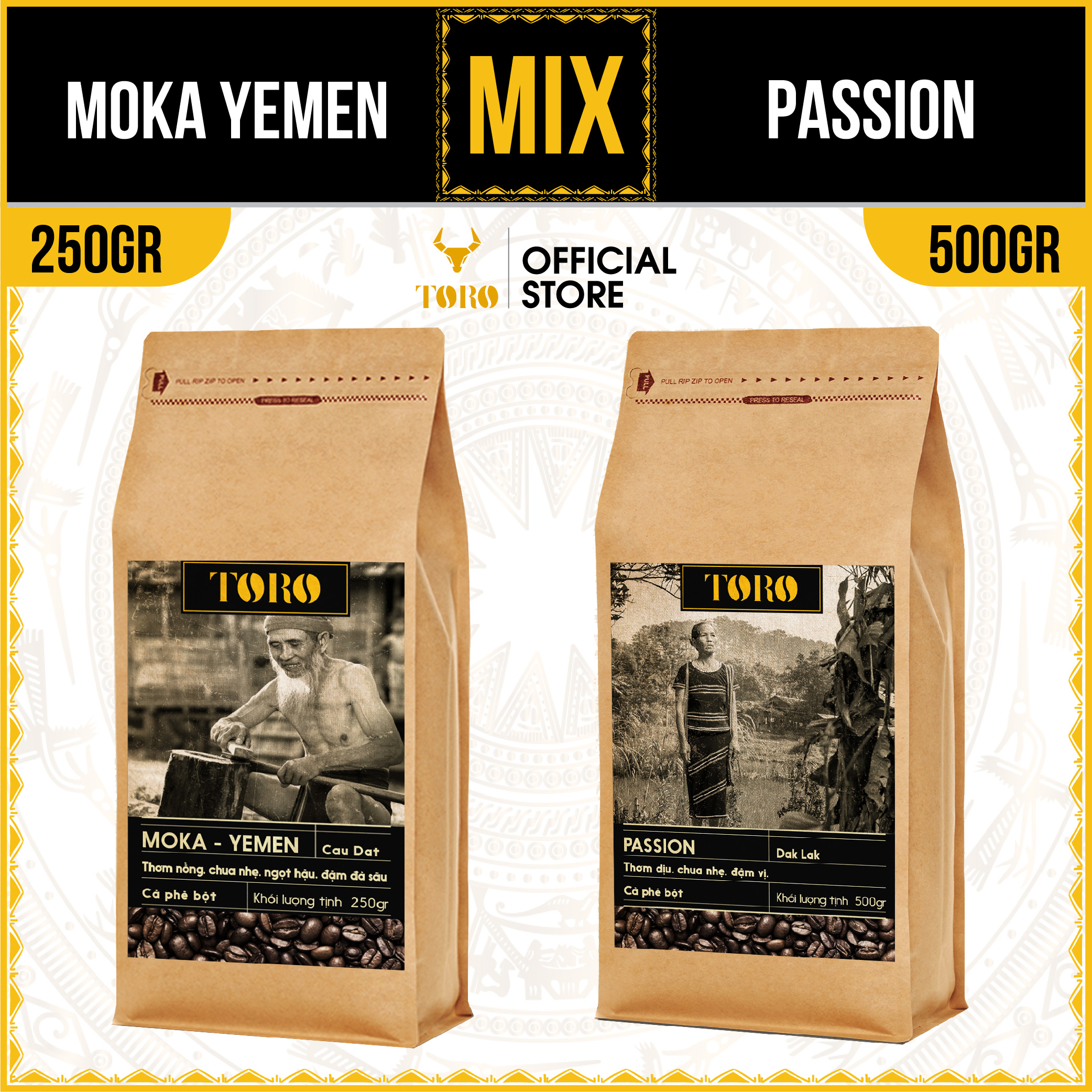 [750GR] Bộ Mix Cà Phê Bột Toro Moka Yemen &amp; Toro Passion - 500gr Nguyên Chất 100% | 250GR &amp; 500GR/Gói | TORO FARM