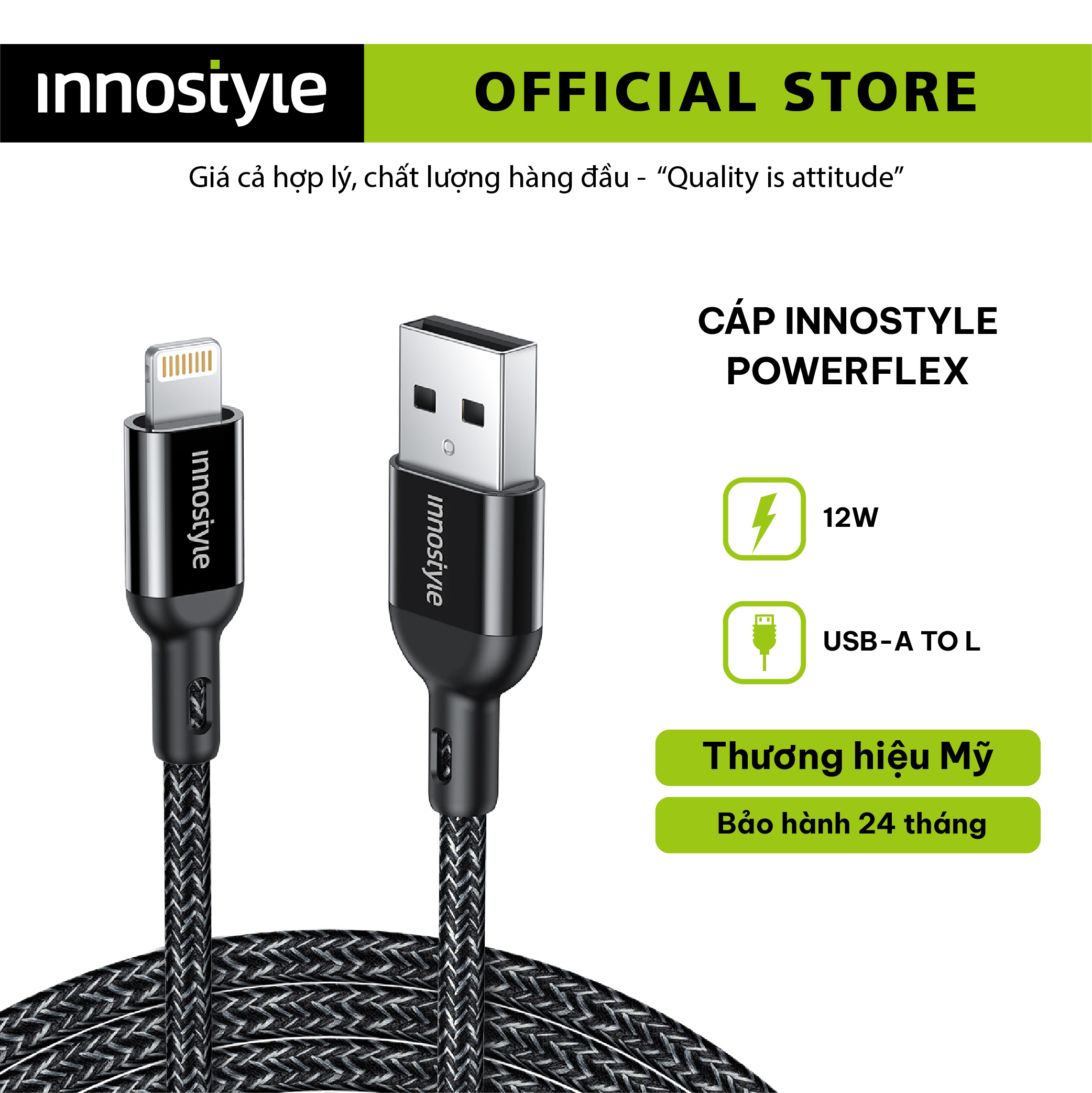CÁP SẠC NHANH INNOSTYLE POWERFLEX USB-A MFI 1.5M 12W IAL150AL - HÀNG CHÍNH HÃNG