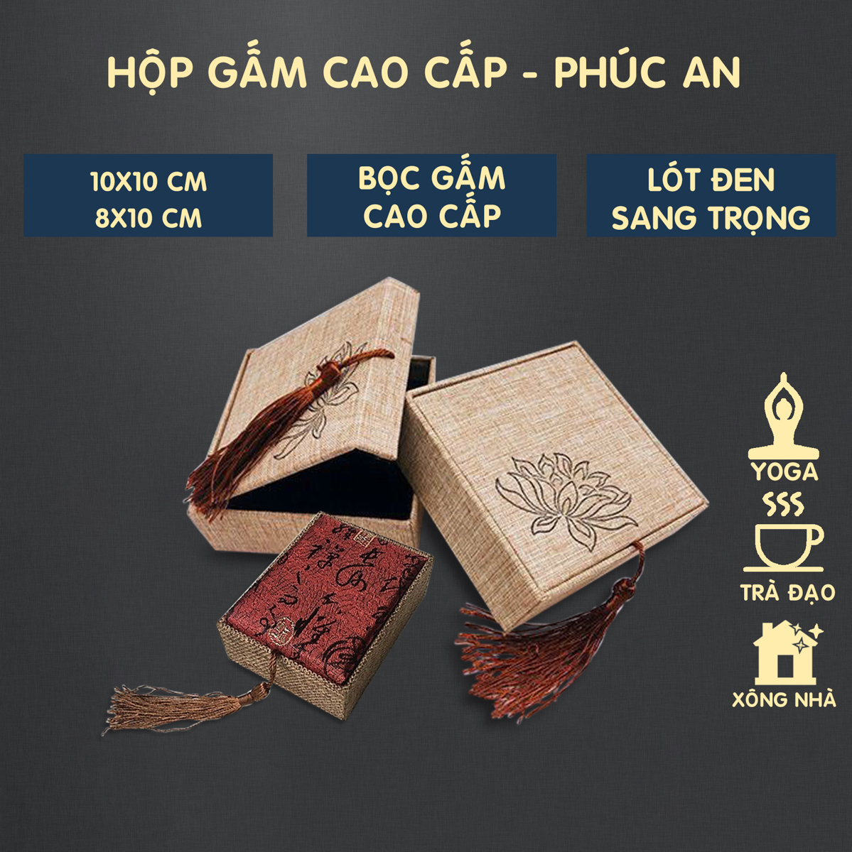 Hộp gấm lụa đựng vòng trầm Phúc an. Tinh tế, sang trọng để đựng quà tặng