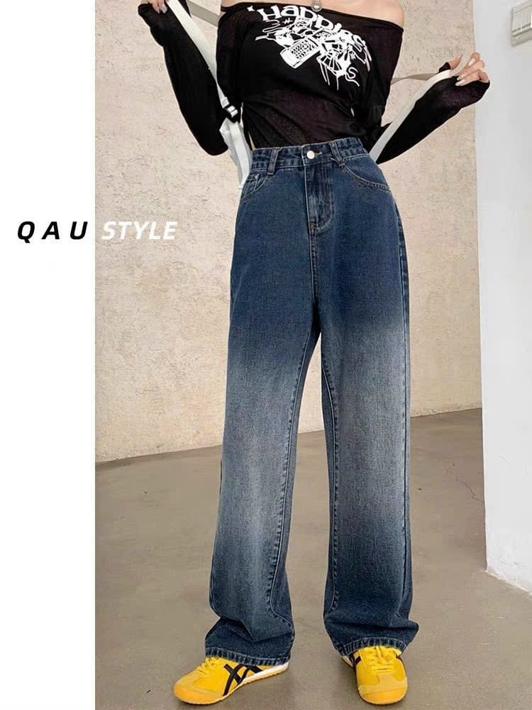 Quần jean nữ, quần baggy jean nữ ống suông lưng cao loang màu thời trang