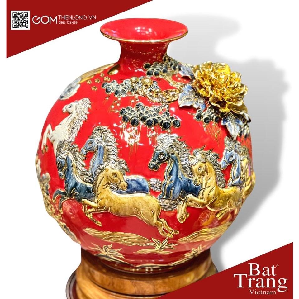 Bình Hút Lộc Mã Đáo Thành Công Màu Đỏ - Vẽ Vàng Đắp Nổi Hàng Kỹ - Bình Hút Tài Lộc Bát Tràng - Gốm Thiên Long