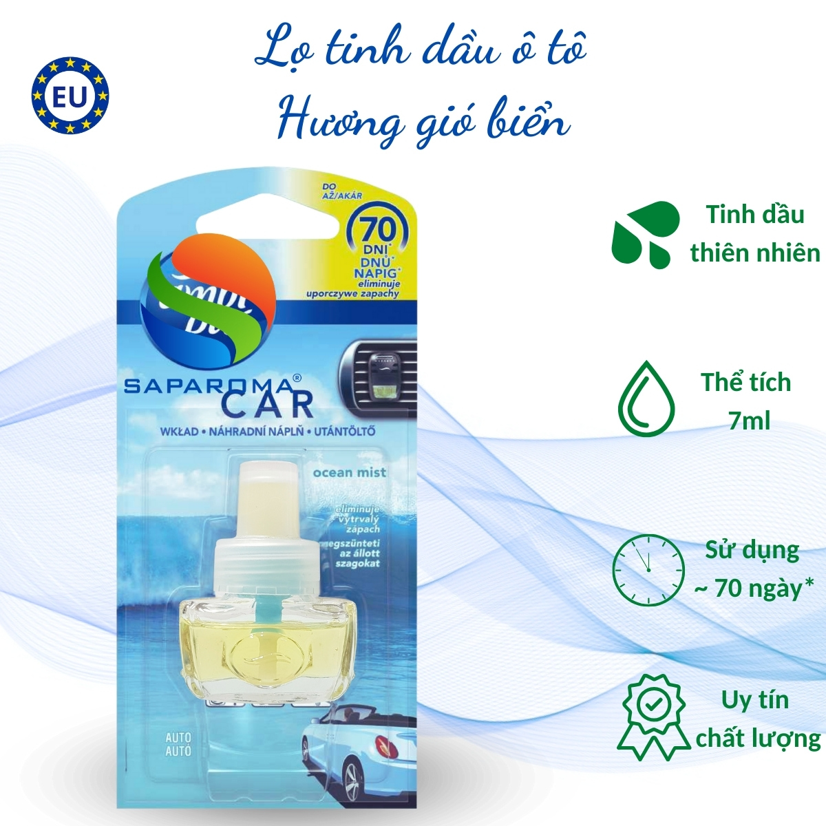 Lọ tinh dầu thơm ô tô Ambi Pur 7ml Ocean Mist - hương gió biển, cài cửa gió, hỗ trợ khử mùi, nhập khẩu Châu Âu