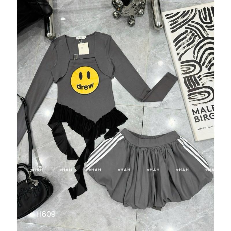 Set váy 3 món drew mặt cười xinh yêu HAH BY JOLIE - Ghi, Ghi