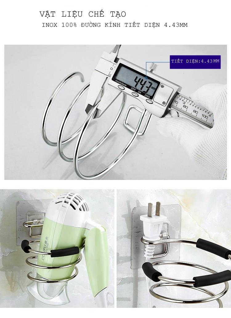 Dụng cụ treo máy sấy tóc bằng Inox, giá treo dạng chôn ốc có miếng gián gắn tường không cần khoan