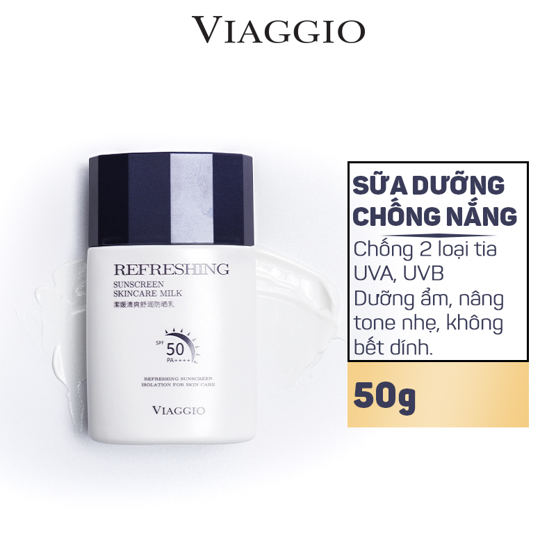 Kem Dưỡng Chống Nắng Phổ Rộng VIAGGIO Refreshing Sunscreen Skincare Milk SPF50 – PA ++++ Phục Hồi Làm Dịu Da 50g