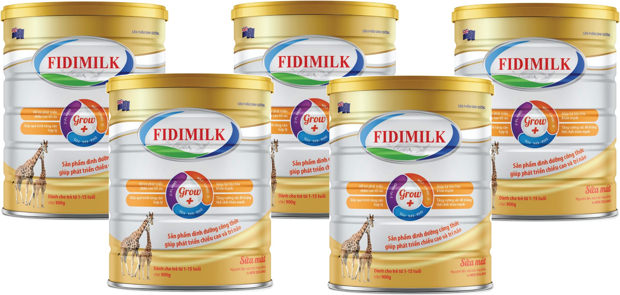 Combo 5 lon Sữa công thức FIDIMILK GROW lon 900g - Hỗ trợ chiều cao tối ưu, dành cho bé 1 - 15 tuổi.