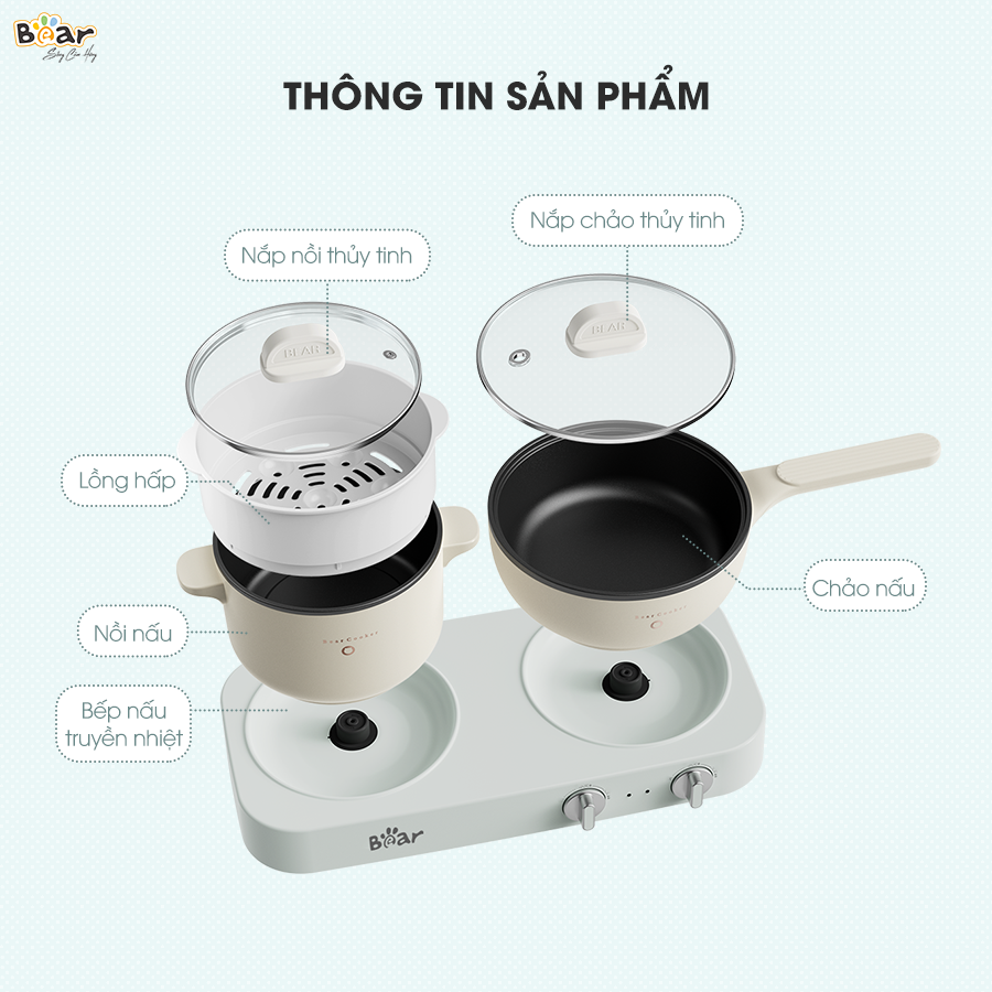 Bộ Bếp Điện Đôi Bear Kèm Nồi Chảo Đa Năng Hấp Luộc Chiên Tiện Lợi Tiết Kiệm Chi Phí Dễ Vệ Sinh SB-BD02N - HÀNG CHÍNH HÃNG