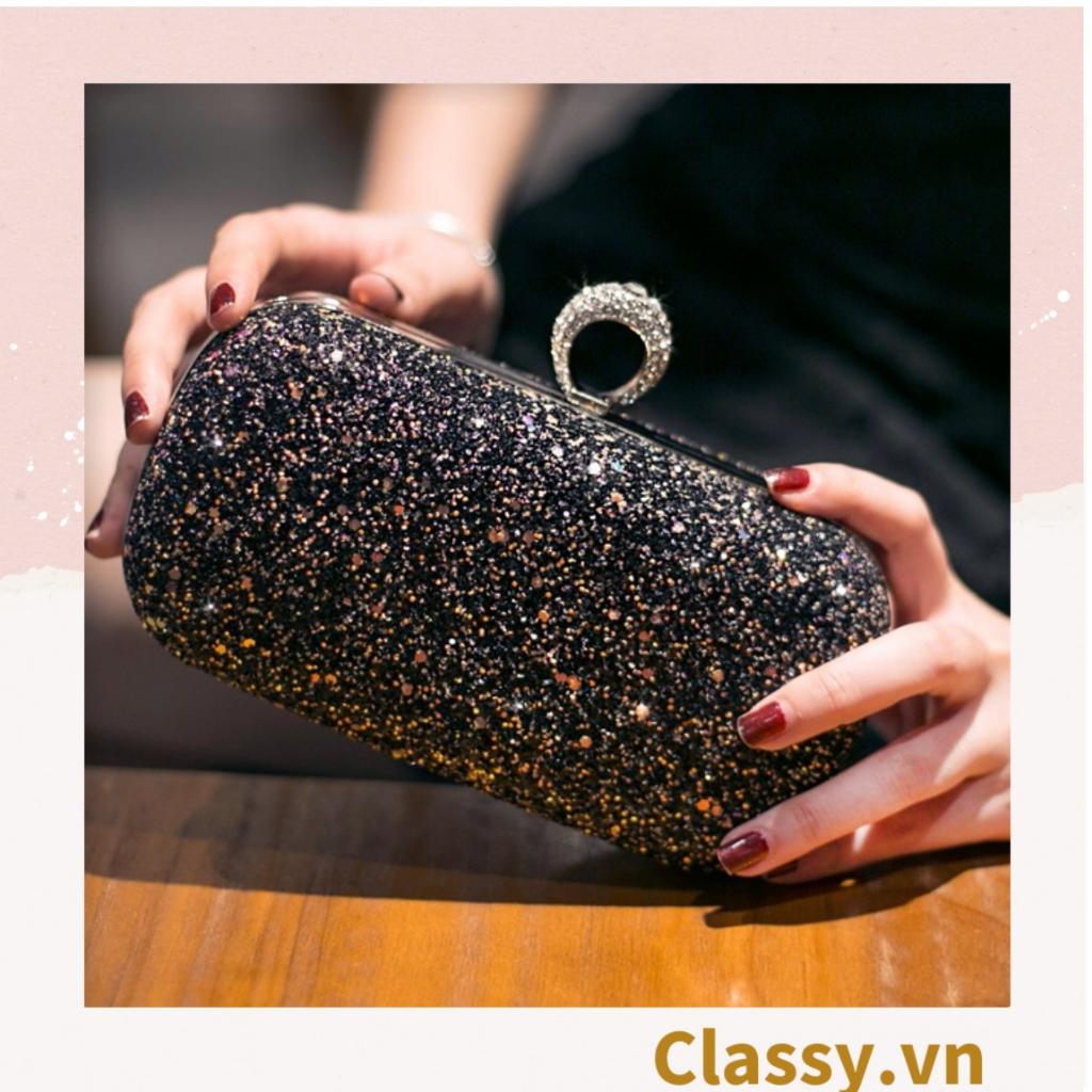 Clutch Classy cầm tay đi tiệc hình thoi , đính kim tuyến lấp lánh T590