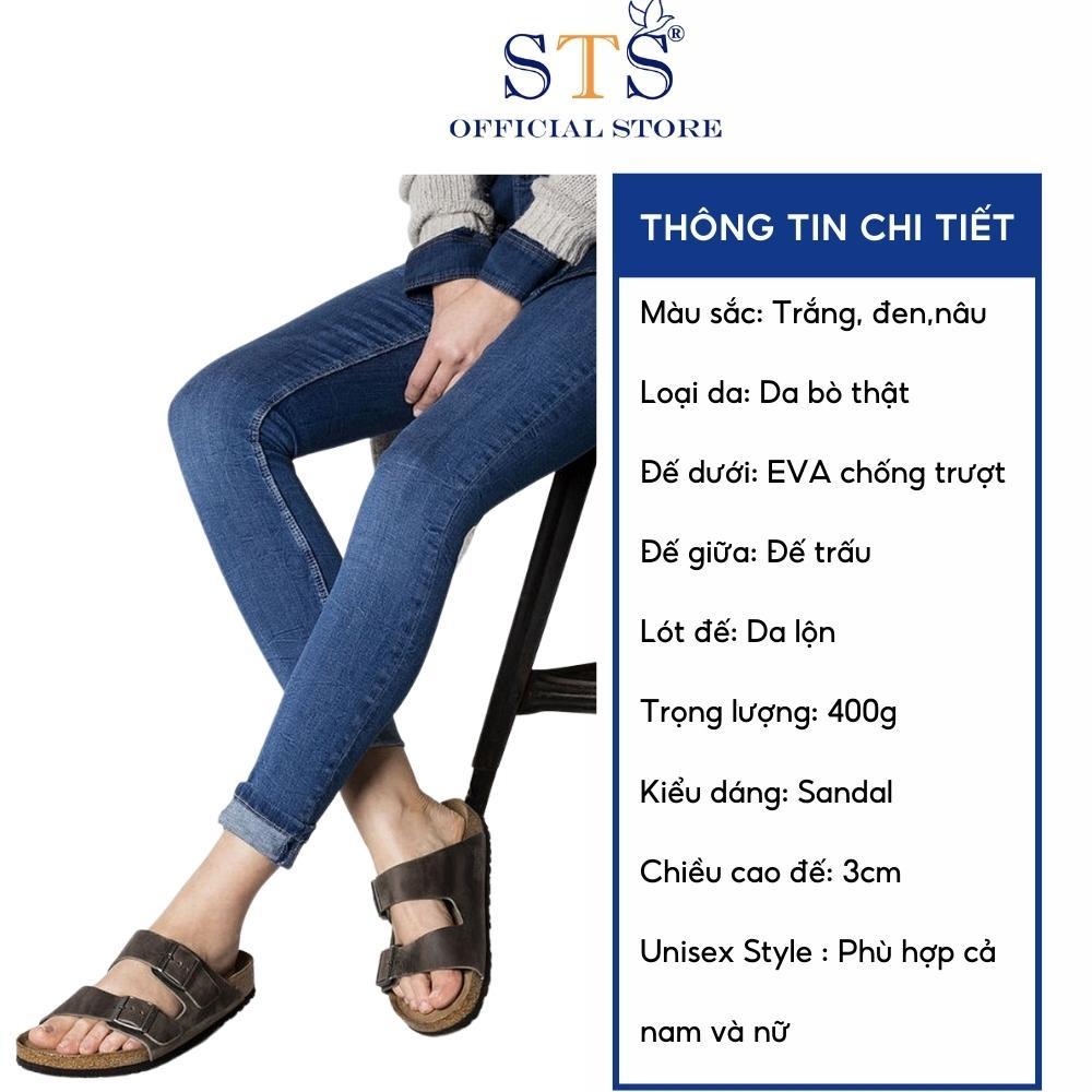 Giày Sandal quai ngang Birken đế trấu unisex nam nữ DA BÒ THẬT NGUYÊN TẤM đi học đi biển chống nước nhẹ D01