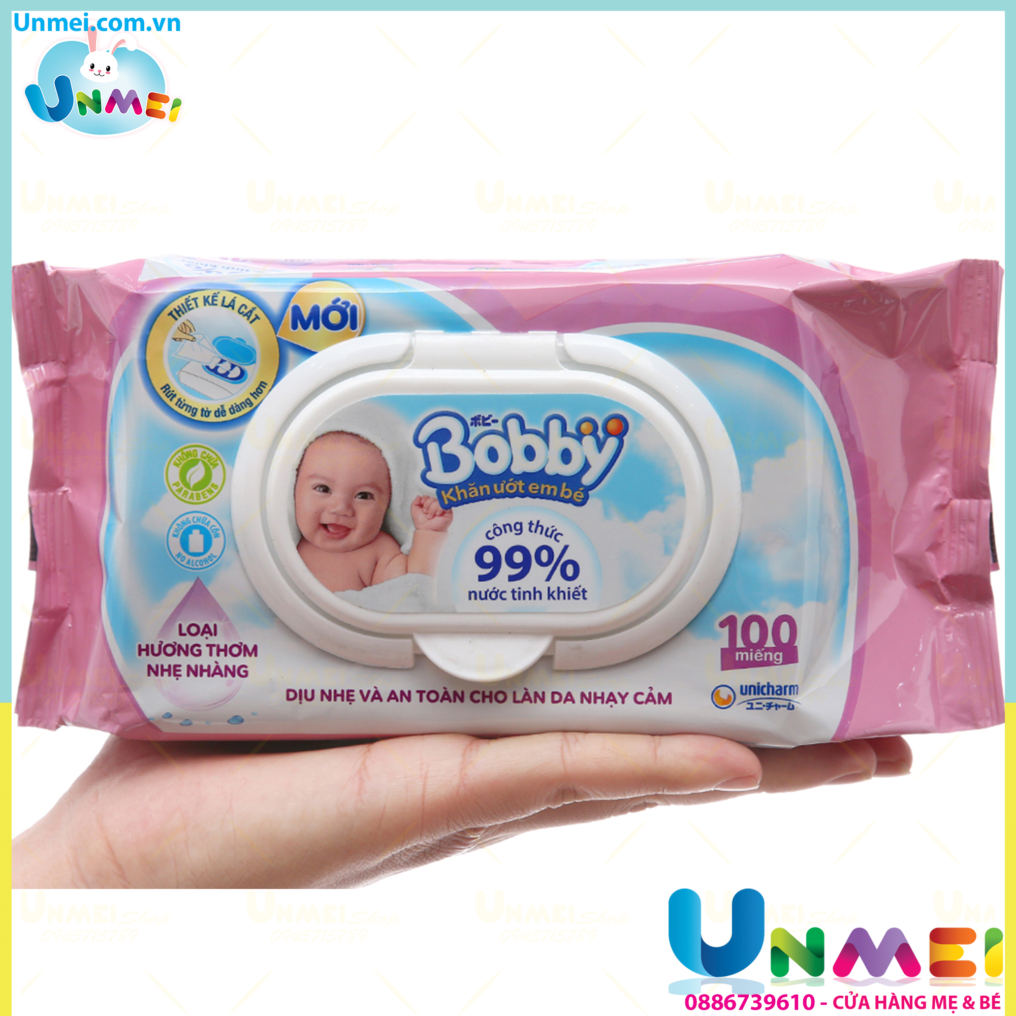 Combo Tiết Kiệm: Thùng 16 Gói Khăn Ướt Bobby Care Hương Dịu Nhẹ 100 Miếng/Gói tặng 15 khẩu trang Unicharm Nhật Bản