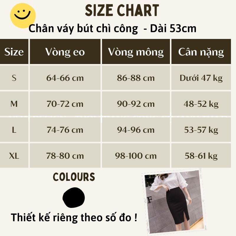 Chân váy bút chì công sở, Dáng ngắn, Màu đen, Dài 53cm Vải kaki thun co giãn thoáng mát New Design