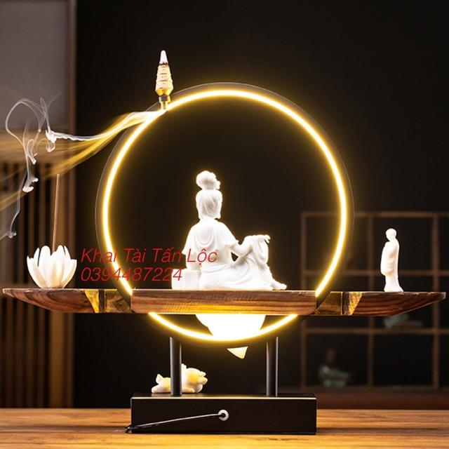 Tượng Quan Âm cầm ngọc như Y và kệ gỗ đèn led 10 món