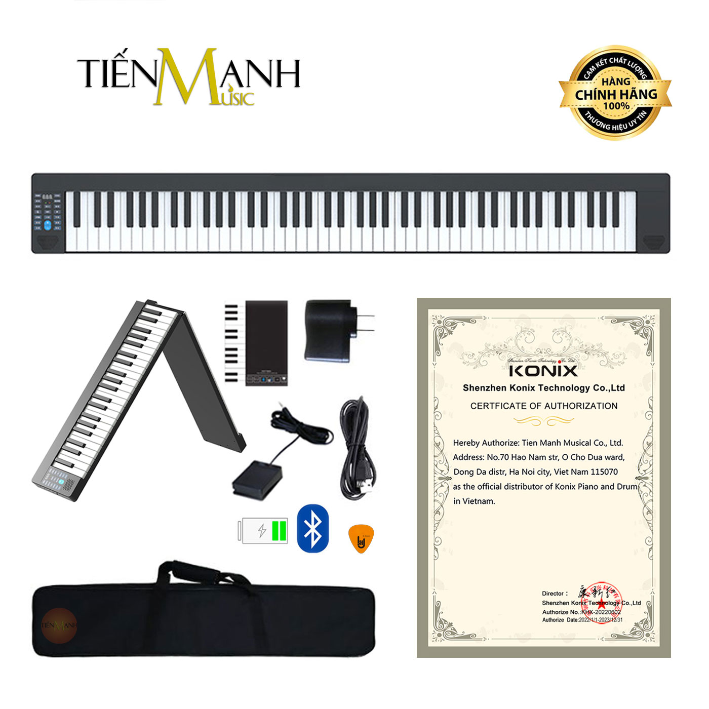 [Gấp Gọn] Đàn Piano Điện Konix PJ88B - 88 Phím Cảm Ứng Lực Có Loa PJ88 (Pin sạc, Bluetooth, Pedal Sustain, Bao Đựng) Hàng Chính Hãng - Kèm Móng Gẩy DreamMaker