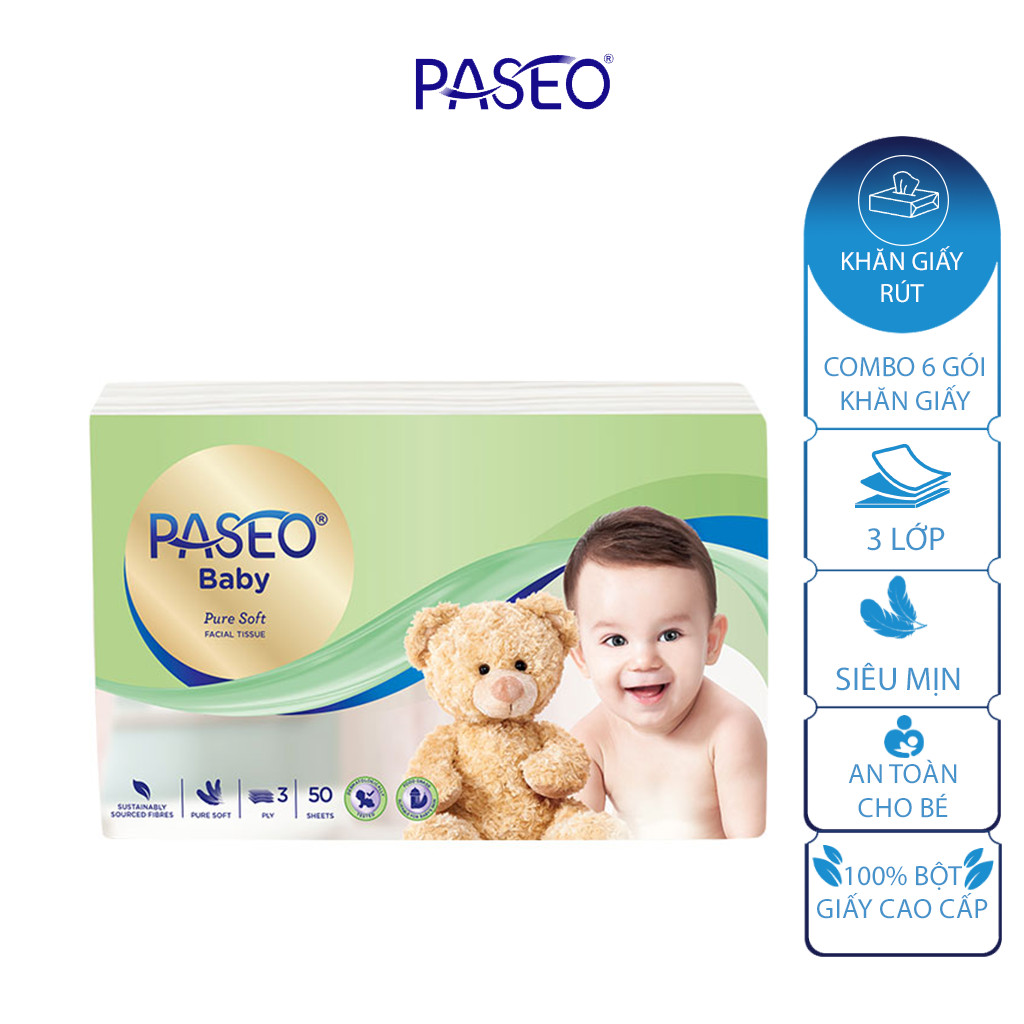 Combo 3 gói Khăn ướt em bé Paseo 50 tờ (1+1) – chiết xuất tinh dầu quả Jojoba và 3 gói khăn giấy Paseo  Baby 50 tờ 3 lớp mềm mịn.