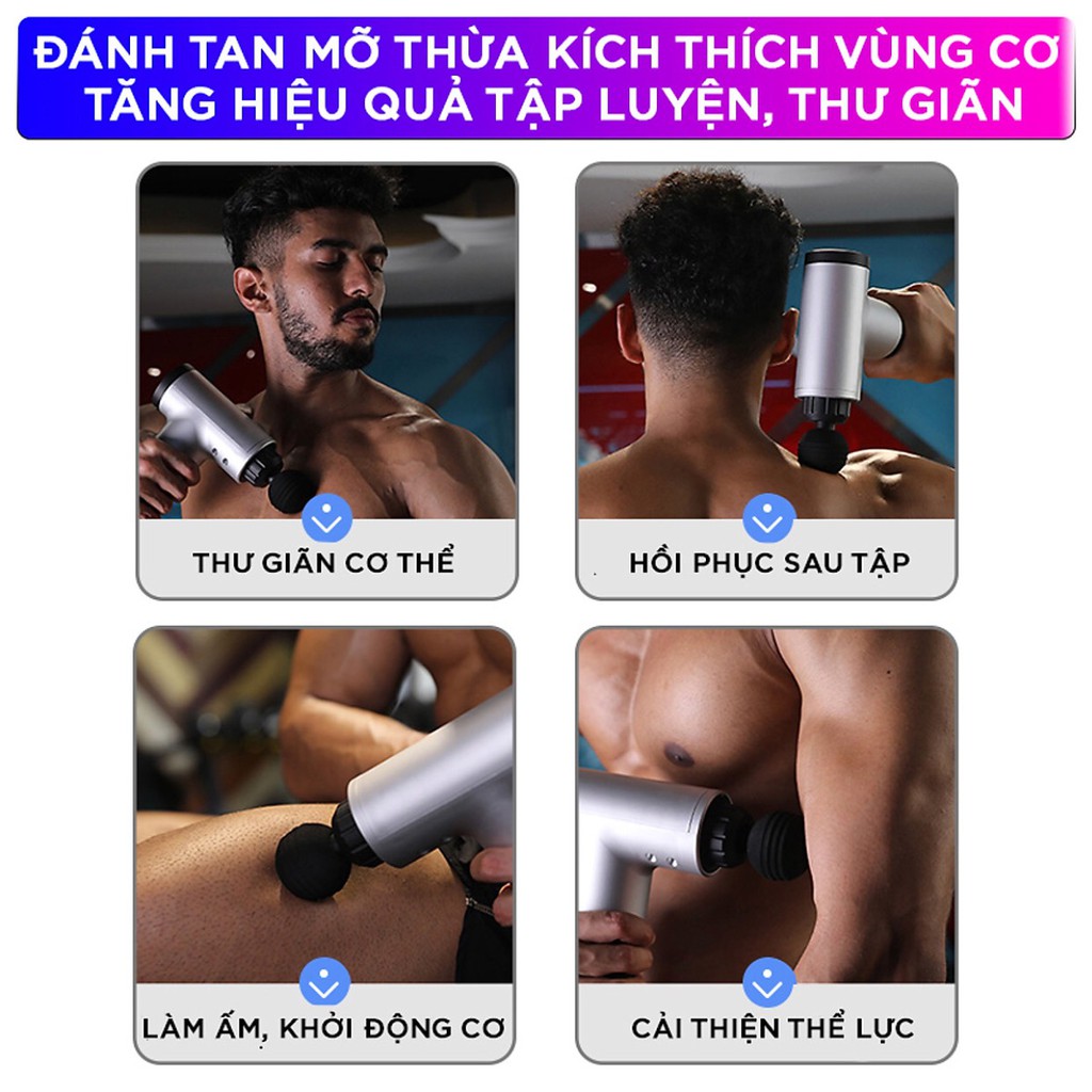 Máy massage toàn thân cầm tay Fascial Gun KH-320 (4 đầu, 6 chế độ)) giảm đau nhức mõi vai gáy,thắt lưng, căng cơ