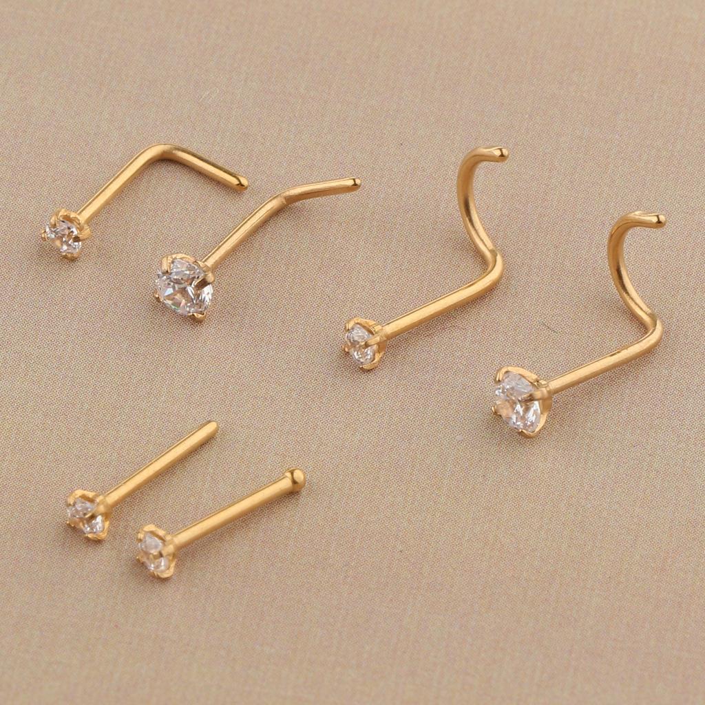 2x6 Pieces Stainless Steel Zircon Crystal Screw Curved Nose Piercing Gold
