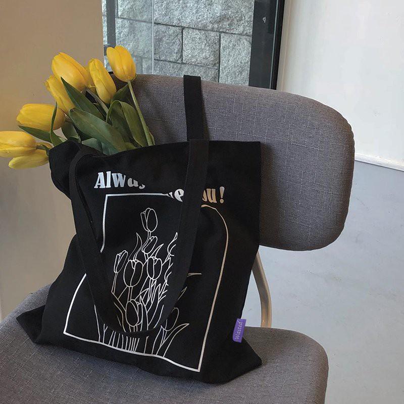 Túi tote vải canvas ALWAY LOVE YOU phong cách Hàn quốc, có khóa miệng ngăn phụ bên trong tiện dụng-Haka store