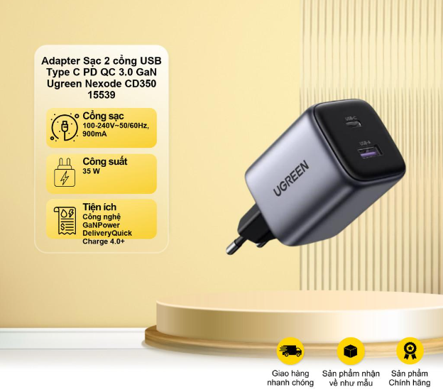 Adapter Sạc 2 cổng USB Type C PD QC 3.0 GaN 35W Ugreen Nexode CD350 15539 - Hàng chính hãng