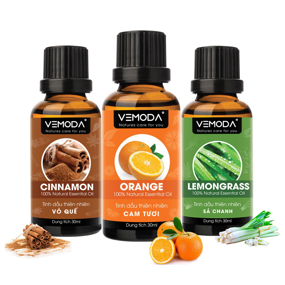 Tinh dầu xông phòng, combo thư giãn cao cấp gồm 3 chai tinh dầu nguyên chất: tinh dầu Sả chanh  + tinh dầu Vỏ quế  + tinh dầu Cam tươi  Vemoda