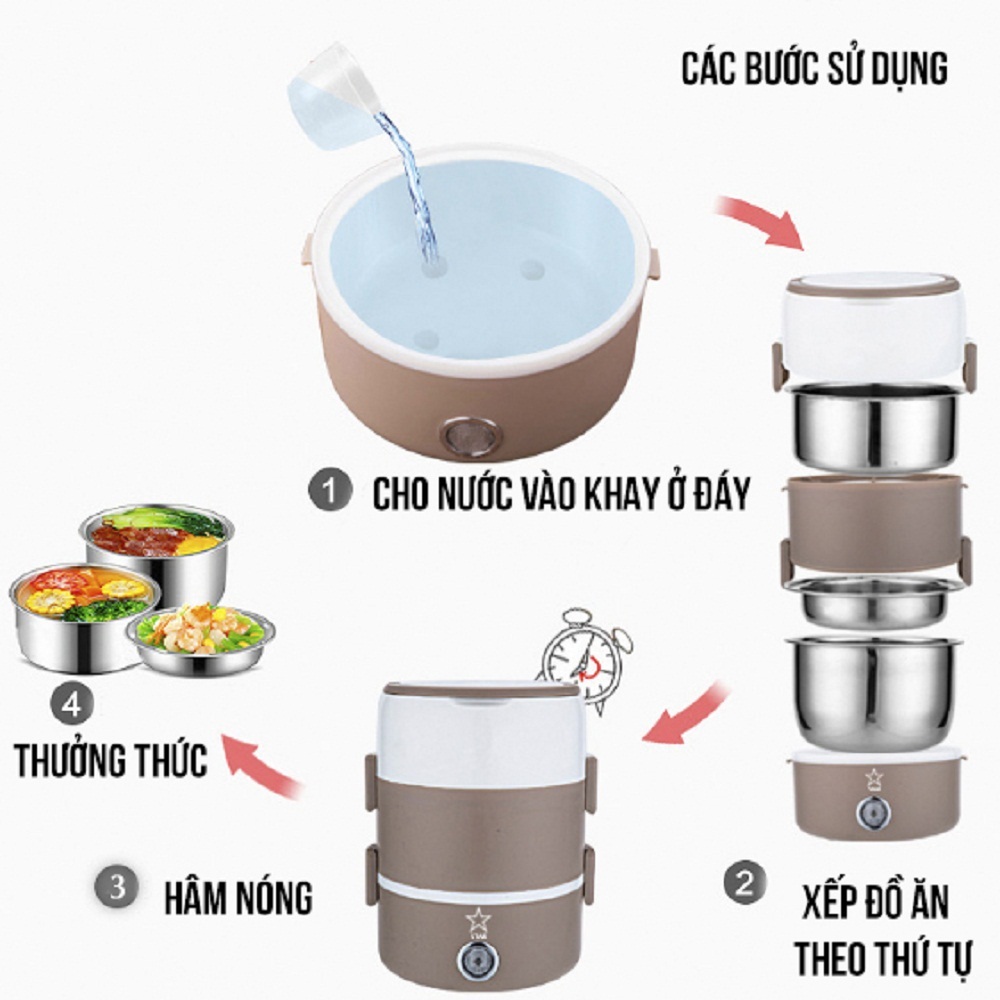 Hộp cơm hâm nóng điện 3 tầng inox cao cấp