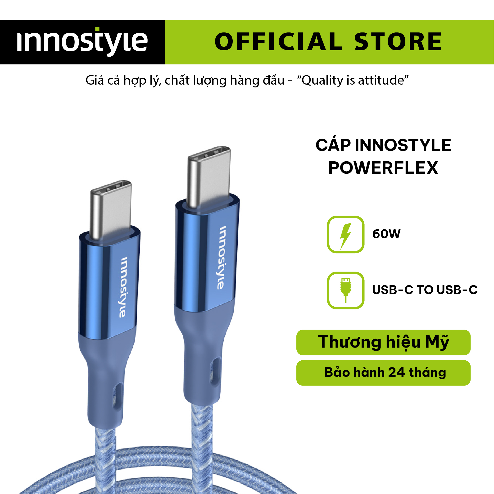 CÁP INNOSTYLE POWERFLEX USB-C TO C 1.5M 60W ICC150AL - Hàng chính hãng