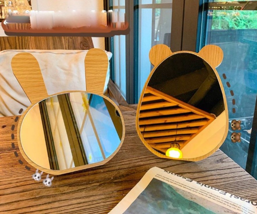 Gương để bàn hỉnh tai thỏ, vành gỗ chất lượng và tiện lợi, gương trang điểm mini đáng yêu