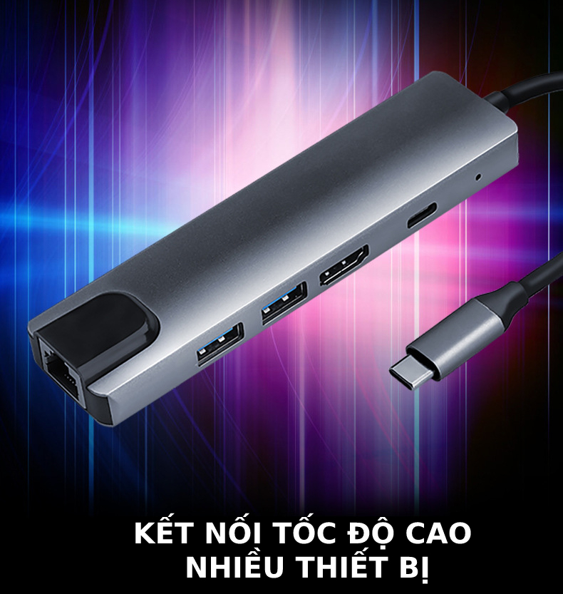 [Có sẵn] Bộ Chia Hub USB Type C Ra 5 Cổng USB 3.0, HDMI, sạc nhanh PD, cổng Ethernet nhanh