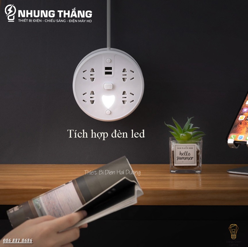 Ổ Cắm Điện Thông Minh OD-815 - Cuộn Dây Gọn Gàng - Tích Hợp Đèn Led - Dây Điện Dài 2m8