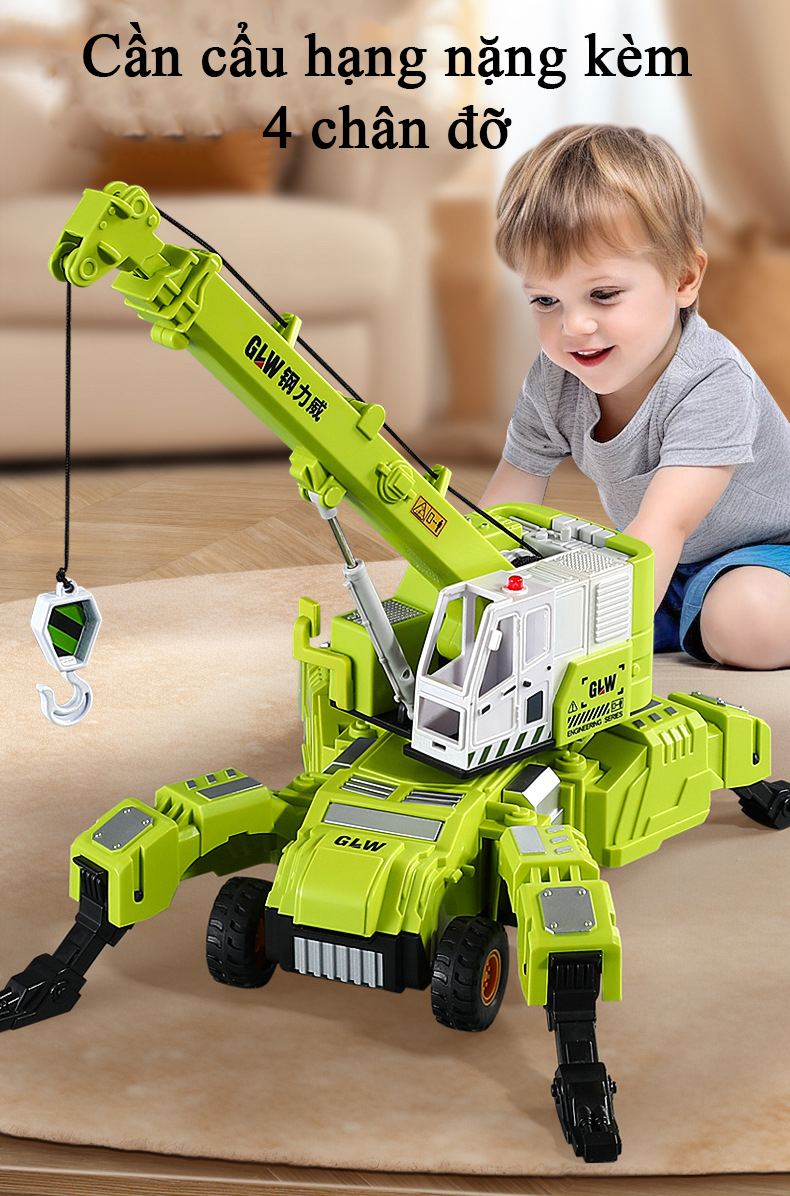 Đồ chơi mô hình xe cần cẩu hạng nặng chạy đà đầu hợp kim có 4 chân đỡ gấp gọn - màu xanh