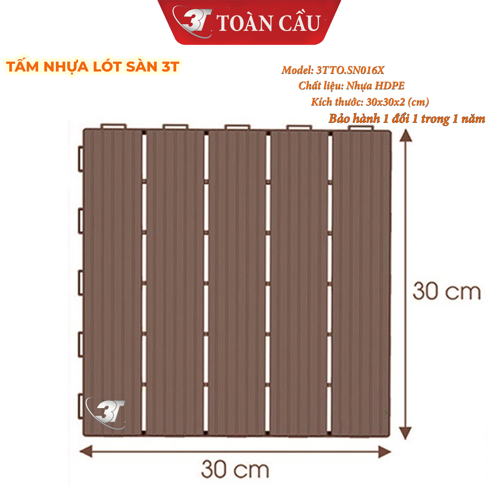 Tấm nhựa lót sàn ban công 3T-HDPE kích thước 30x30x2cm