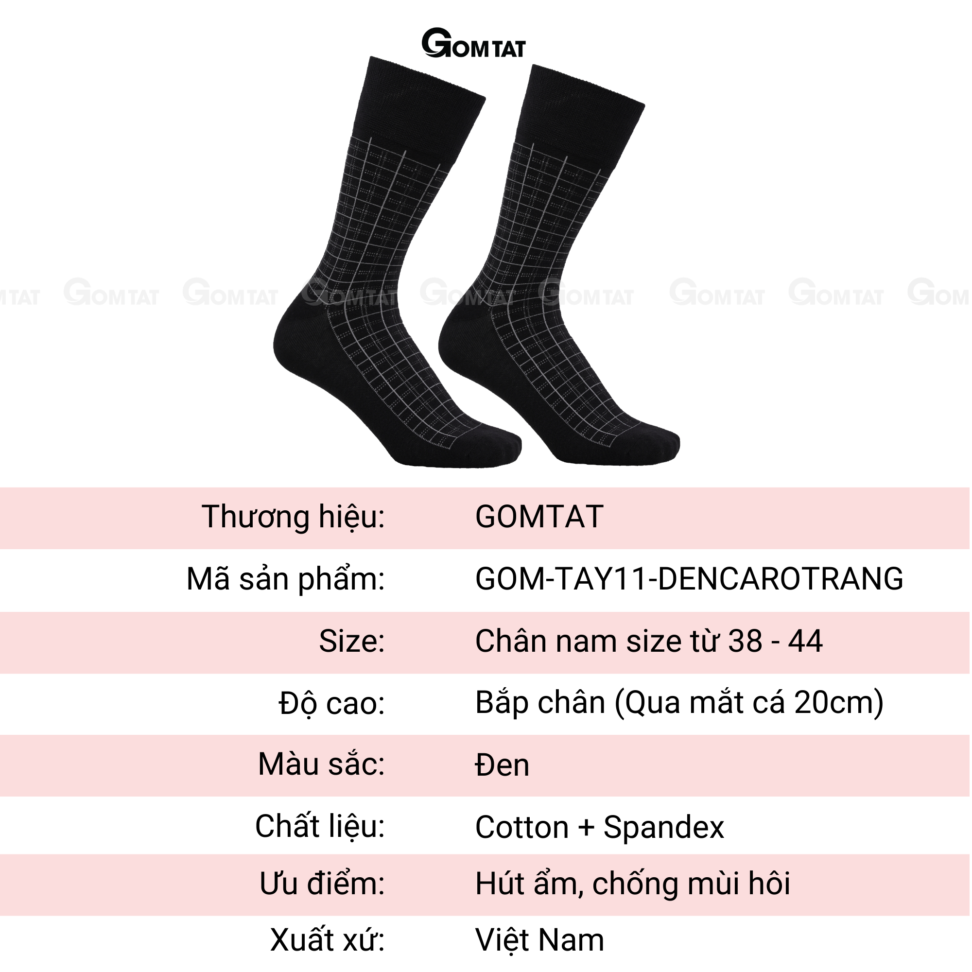 Tất Nam Công Sở Cổ Cao GOMTAT Màu Đen Caro Trắng Chất Liệu Cotton Cao Cấp Êm Mềm Đi Thoáng - GOM-TAY11-DENCAROTRANG