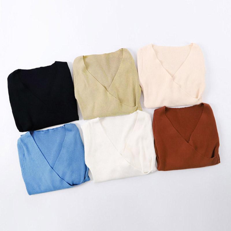Women Knitted Sweater Solid V-neck Long Sleeves Autumn Winter Cross Knitting Basic Tunic Tops Blouse