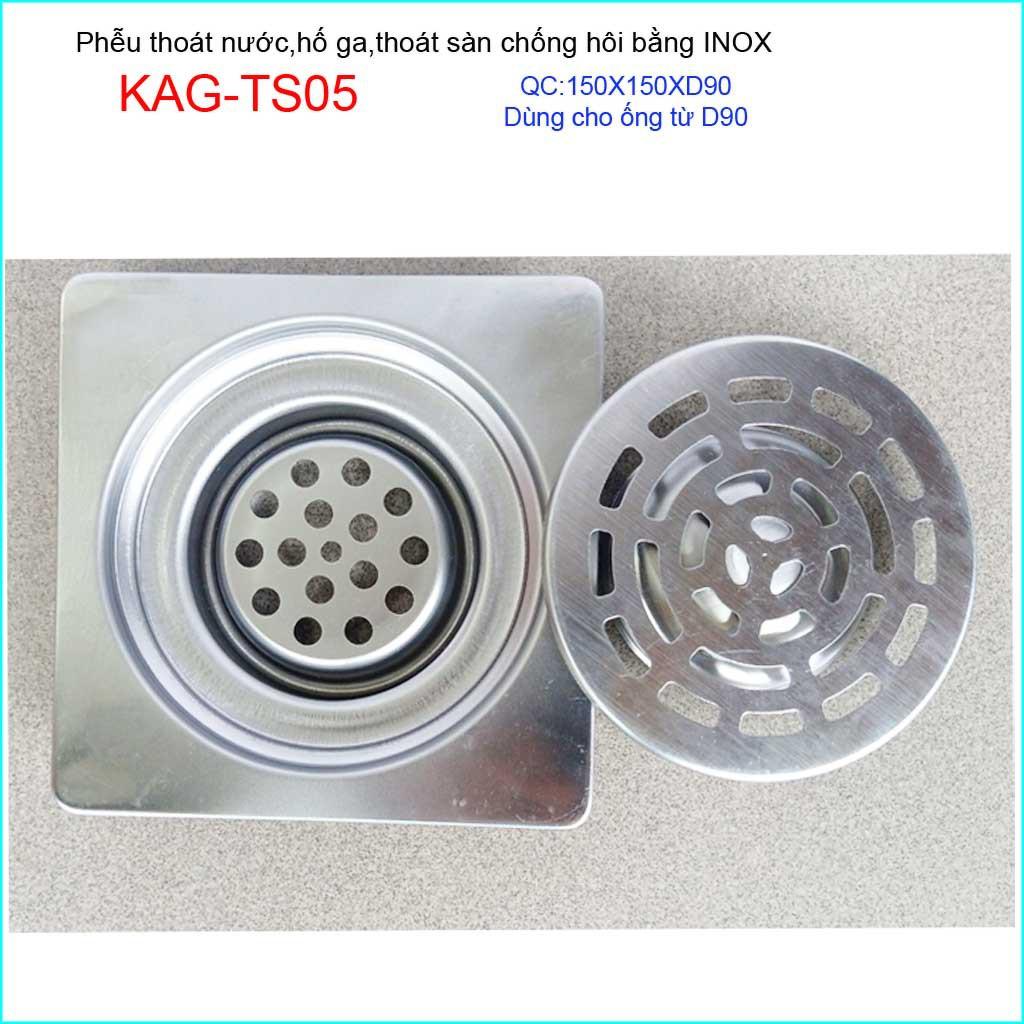 Phễu thoát sàn chống hôi KAG-TS05, ga thoát sàn vuông 15x15cm ống D90 nước thoát nhanh giá tốt sử dụng tốt