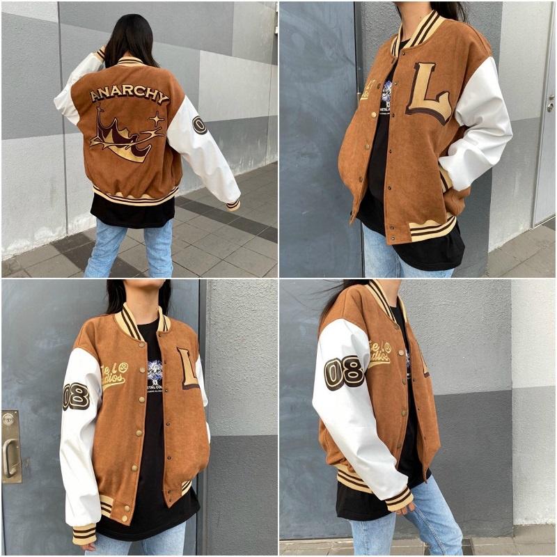 Áo khoác Nhung Gân Chống Nắng Anarchy Nam Nữ Cặp ĐôiHOT RẺ ĐẸP, Áo Bomber Bóng Chày Số 8 Rộng Kiểu Unisex Couple Jackets