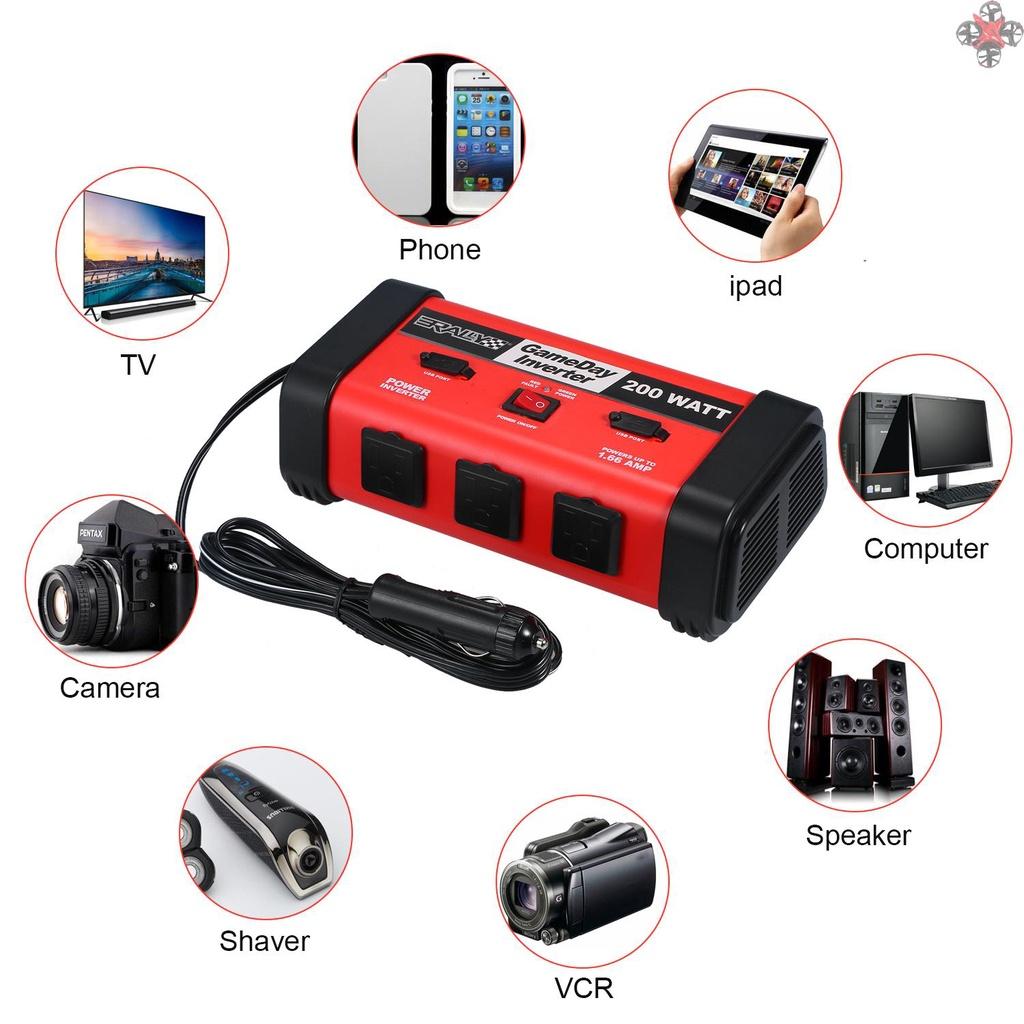 200W Car Power Inverter DC 12V to 110V Modified Sine Wave Converter with USB Port for Laptop Smartphone Household Appliances