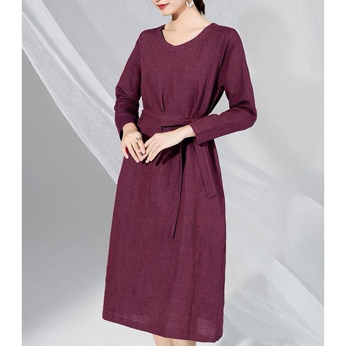Đầm suông linen cô tim dài tay kèm đai rời trẻ trung, thời trang hè thu 2021 - Đỏ bã trầu