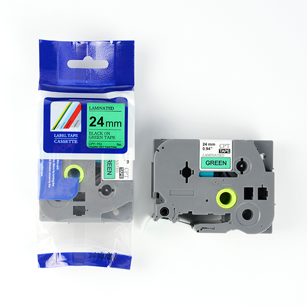 Tape nhãn in tương thích CPT-751 dùng cho máy in nhãn Brother P-Touch (chữ đen nền xanh lá, 24mm)
