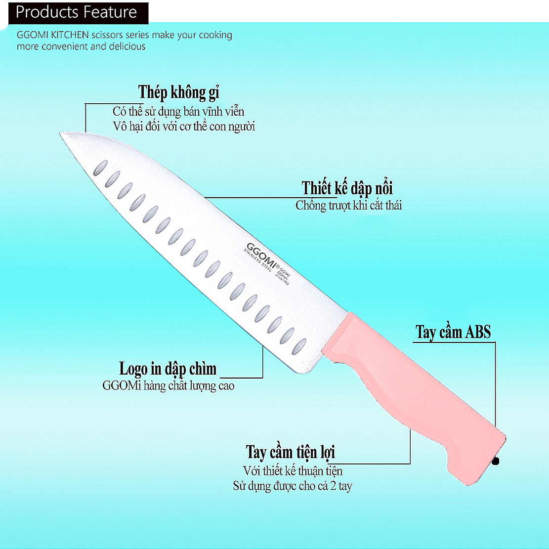 [HÀNG CHÍNH HÃNG]Dao nhà bếp cỡ trung dài 32cm, chiều dài lưỡi 20cm, bằng thép không gỉ GGOMi Hàn Quốc GG341 màu hồng phấn