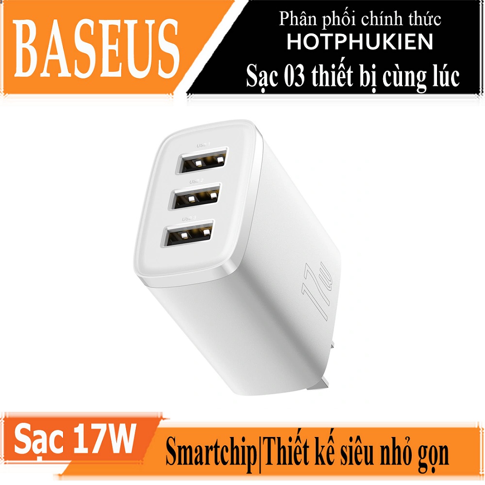 Cóc củ sạc nhanh 17W đa năng 3 cổng USB A hiệu Baseus Compact Charger 3U trang bị chip sạc thông minh, công nghệ tản nhiệt BCT, chân cắm US-UK - hàng nhập khẩu